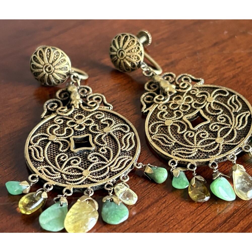 VtG 1930s Chinese Export Coin Filigree Mesh Dangle Green Stone Beads Earrings - Picture 3 of 10